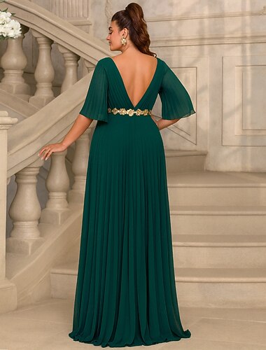 Ａライン フロア丈 フォーマルドレス イブニングガウン ハーフスリーブ Ｖネック エレガント ヴィンテージ パーティー ポリエステル マダムドS 〜と 刺繍