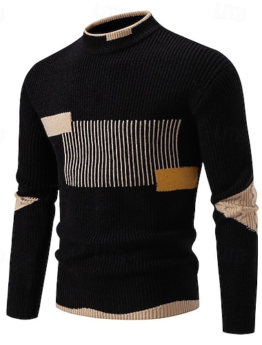  בגדי ריקוד גברים סוודר סוודר סוודר סרוג מצולע לִסְרוֹג חולצות רגילות סרוג קולור בלוק צווארון עגול קצר אופנתי בסיסי חופשה לבוש יומיומי ביגוד סתיו חורף שחור לבן S M L