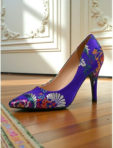  Γυναικεία vintage μωβ ψηλοτάκουνα πέδιλα με κεντημένα λουλούδια της δεκαετίας του 1950 – κομψές γόβες με μυτερή μύτη για επίσημες εκδηλώσεις, πάρτι και βραδινά ρούχα