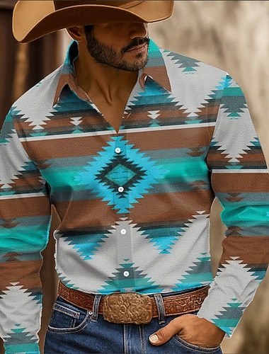  رجالي ازتيك نموذج هندسي عرقي قميص القميص الغربي قميص كاوبوي كم طويل ريترو خمر الأماكن المفتوحة فضفاض ملابس عمل الربيع الخريف طوي طباعة ثلاثية الأبعاد قمصان بأزرار أصفر أزرق برتقالي