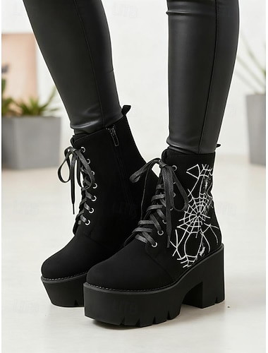  Dámské černé vojenské boty na platformě s výšivkou pavučiny - gotické kotníkové boty se šněrováním a robustním podpatkem na halloweenskou párty, cosplay a večerní zábavu
