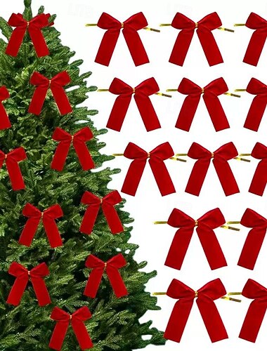  13 kpl joulukoristeita ruseteista, joulukuusen koristeita – elegantteja pieniä punaisia samettimaisia rusetteja, 3,35 tuumaa kiiltävää polyesteriä joulukuuseen, seppeleisiin, lahjapakkauksiin,