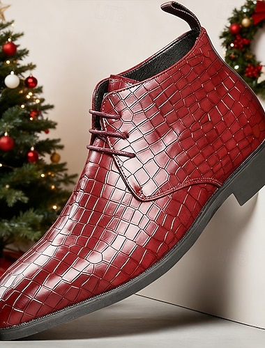  メンズのレッドクロコダイル柄フェイクレザーアンクルブーツ - パーティー、ナイトライフ、特別な機会にぴったりのおしゃれなレースアップドレスシューズ