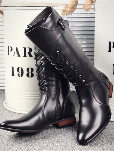  Botas de montaria masculinas pretas de couro sintético com cadarço frontal e zíper lateral, botas longas estilo equestre vintage para fantasias, moda gótica ou medieval