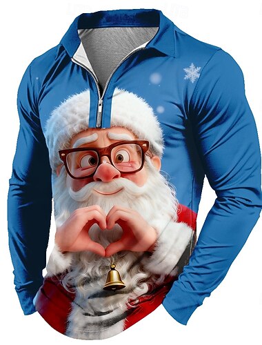  Natal Homens Papai Noel Pólo Manga Longa Camisas polo Lapela Casual Roupa Esportiva Roupa Diária Traje de festival Impressão 3D Polo com fecho de correr de um quarto Primavera Outono Inverno Vermelho
