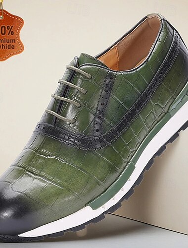 Groene herenschoenen met krokodillenmotief, vetersluiting van echt leer met rubberen buitenzool, modieuze, casual schoenen voor op kantoor, op reis en voor feestjes   Groene herenschoenen met krokodillenmotief, vetersluiting van echt leer met rubberen buitenzool, modieuze, casual schoenen voor op kantoor, op reis en voor feestjes