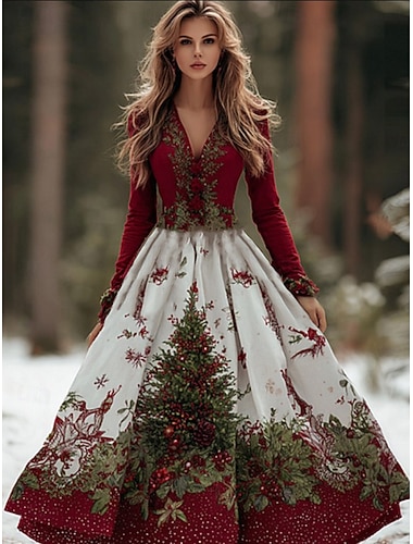 عيد الميلاد المجيد نسائي فستان ميدي فستان شكل حرف A العطلة كاجوال مناسب للحفلات مناسب للعطلات عادي الرسم شجرة الكريسماس كم طويل V رقبة نبيذ الربيع الخريف الشتاء   عيد الميلاد المجيد نسائي فستان ميدي فستان شكل حرف A العطلة كاجوال مناسب للحفلات مناسب للعطلات عادي الرسم شجرة الكريسماس كم طويل V رقبة نبيذ الربيع الخريف الشتاء