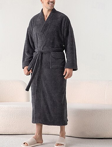  Homme Pyjamas Vêtements de Nuit Robe de bain Uni Mode Élégant Classique Maison Quotidien Lit Flanelle Polyester Chaleur Thermique Confort Doux Col en V manche longue Automne Hiver Jaune Violet