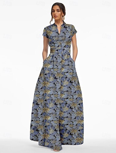  Linea ad A Lunghezza al pavimento Abito Formale Abito da sera Manica Corta Scollo a V Elegante Vintage Formale Nylon Abito da cerimonia per signora con Spacco Tasca