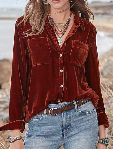  Dámské Košile Samet Halenka Bez vzoru Elegantní Dlouhý rukáv Košilový límec Běžné topy Dovolená Jdeme ven Knoflíky Vodní modrá Fialová Armádní zelená Jaro Podzim