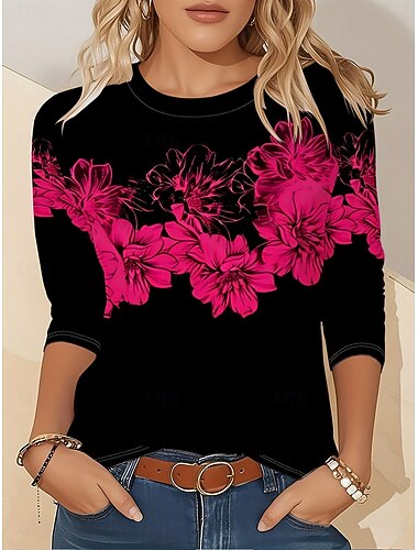  Women's T Shirt Print Floral Graphic Plants Vintage Fashion Stylish Long Sleeve Crew Neck Round Neck Regular Tops Daily Weekend Rose Pink Fall Winter