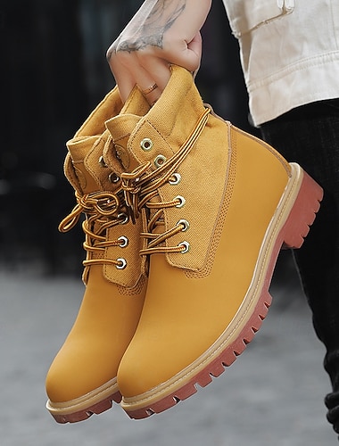 Gule arbeidsstøvler i kunstskinn med snøring for menn – slitesterkt og stilig fottøy for utendørsaktiviteter og arbeidsmiljøer   Gule arbeidsstøvler i kunstskinn med snøring for menn – slitesterkt og stilig fottøy for utendørsaktiviteter og arbeidsmiljøer