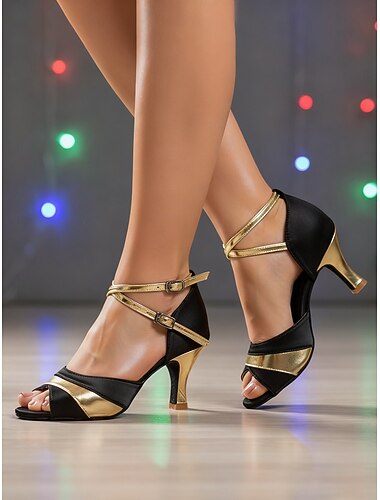  女性用黒と赤のプロ仕様ラテンダンスシューズ、ストラップ付きオープントゥの社交ダンスヒール、エレガントなパフォーマンス &サルサとタンゴダンサーのための練習用シューズ