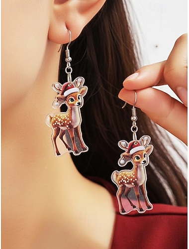  עגילי איילים אקריליים לנשים, עיצוב חגיגי חמוד עם כובע סנטה קלאוס, אביזר חגיגי מהנה למסיבות ומפגשים