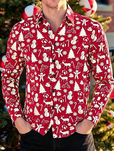  Święta Długie rękawy Koszula zapinana na guziki Renifer Rudolf Graficzny Zabawne Zabawny na Męskie Dla dorosłych Druk 3D  Do Święta Karnawał Nowy Rok Impreza