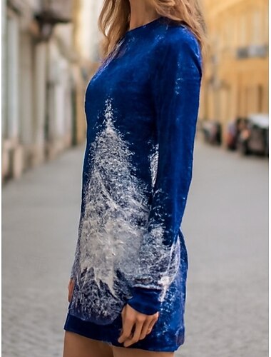  Julekvinners juletre snøfnugg mini kjole skjortekjole ferie fest uformell ferie hjemme vanlig passform grafikk lang ermene crew hals crewneck blå vår høst vinter