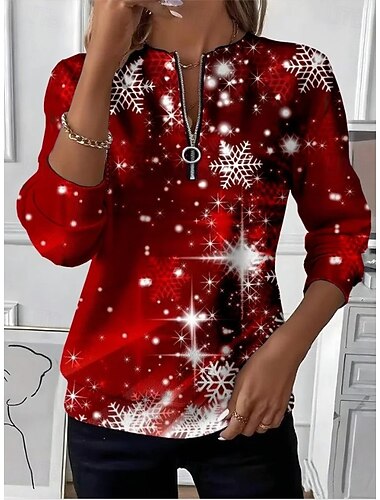  Joulu Naisten Lumihiutale Huppari Vetoketjulliset Hupparit Graafinen Muoti Rentokäyttö Pitkähiha Crew Neck Säännölliset Tuotteet Katutyö Päivittäinen Rentokäyttö Vetoketjun Painatus Viini Syksy Talvi