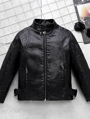 Детские Мальчики Черная кожаная куртка Жакет Верхняя одежда Полотняное плетение Длинный рукав Застегнуться ЗАЩИТА ОТ ВЛАГИ Защита от ветра Пальто Повседневные Мода На каждый день Черный Весна Осень   Детские Мальчики Черная кожаная куртка Жакет Верхняя одежда Полотняное плетение Длинный рукав Застегнуться ЗАЩИТА ОТ ВЛАГИ Защита от ветра Пальто Повседневные Мода На каждый день Черный Весна Осень