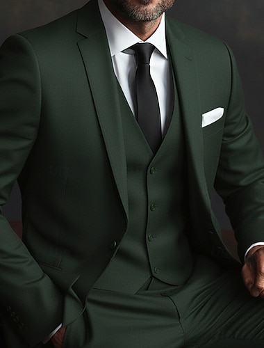  男性用 結婚式 カジュアル ビジネススーツ ノッチドラペル ブラック ダークグリーン 日常 ビジネス ソリッド テイラーフィット 3点セット シングルブレスト 一つボタン