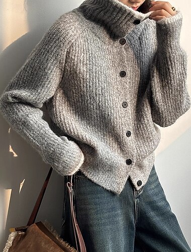  Жен. Вязаная ткань Кардиган Элегантный стиль Мода Уличный стиль Сплошной цвет Хомут Трикотаж Длинный рукав Обычные топы Вязать Повседневные Праздники На выход Бежевый Кофейный Осень Зима