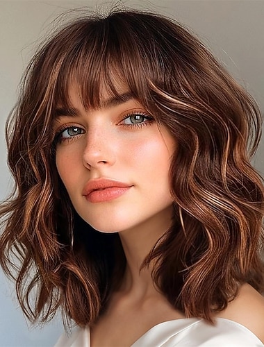  perucas onduladas bob para mulheres, peruca de cabelo curto cacheado castanho caramelo avermelhado com franja, estilo sintético na altura dos ombros, peruca realista resistente ao calor para penteado