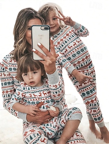  Familie-look Kerstmis Kerst Familie Pyjama Pyjama  Familie sets Grafisch Hert Huis Afdrukken Grijs Lange mouw Dagelijks Bijpassende outfits