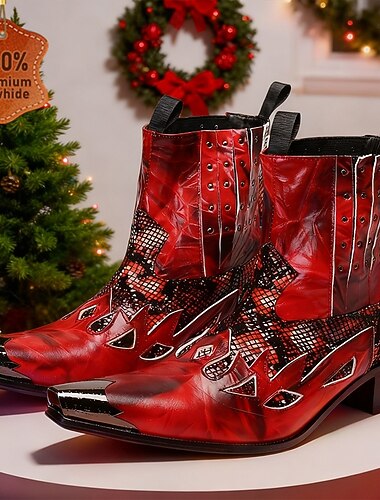 Herresko med rødt og svart flammedesign i skinn, cowboystøvler i skinn med metalltåhette og nagleutsmykning, western-ankelstøvletter i 100 % kuskinn for scene og klubber   Herresko med rødt og svart flammedesign i skinn, cowboystøvler i skinn med metalltåhette og nagleutsmykning, western-ankelstøvletter i 100 % kuskinn for scene og klubber