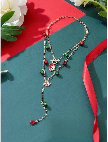  Women's Christmas Alloy Necklace with Santa, Gift, and Jingle Bell Charms, Festive Jewelry for Holiday Parties and Gifts