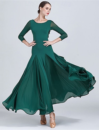  Zelené šaty na společenské tance pro ženy - áčkové šaty s dlouhým rukávem a splývavou sukní na soutěže, latinskoamerické a taneční akce