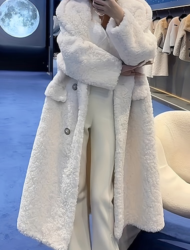  Γυναικεία Χειμερινό παλτό Παλτό Παλτό Faux Fur Διατηρείτε Ζεστό Άνετο Τσέπη Κουμπιά Μοντέρνα Σκέτο Διακοπές Εξόδου Σαββατοκύριακο Μακρύ Πέτο Χαλαρή Εφαρμογή Μακρυμάνικο Εξωτερικά ενδύματα Μπεζ