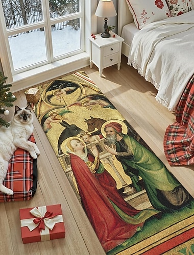 Krippenszene Läuferteppich für Flur und Küche weich rutschfest maschinenwaschbare Kunstkaschmir Weihnachtsflur-Läufer religiöses Kunstdesign Fußmatte für die vordere Tür oder den Eingang Wohnkultur