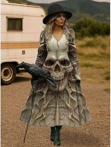 Damen Midi Kleid A-Linie Kleid Urlaub Lässig Daily Feiertage Date Reguläre Passform Grafik Totenkopf Langarm V-Ausschnitt Hellgelb Blau Lila Grün Herbst Winter   Damen Midi Kleid A-Linie Kleid Urlaub Lässig Daily Feiertage Date Reguläre Passform Grafik Totenkopf Langarm V-Ausschnitt Hellgelb Blau Lila Grün Herbst Winter