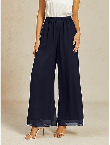 Femmes Culottes Jambe Large Élégant Longueur complète Taille moyenne Élastique Bleu-marine Été Printemps Automne