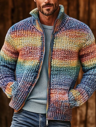  בגדי ריקוד גברים סוודר סוודר קרדיגן מצולע לִסְרוֹג חוּלצָה סרוג אחיד צווארון גבוה סריגים חופשה קזו'אל לבוש יומיומי ביגוד סתיו קיץ & אביב פול S M L