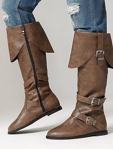  botas altas masculinas pretas de couro sintético com detalhes de fivela estilosos – perfeitas para festas de Natal e moda de inverno