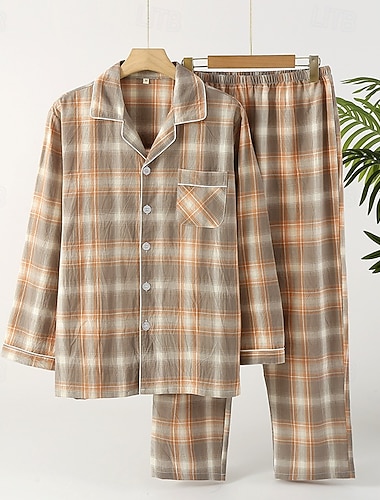  Ανδρικά Ρουχισμός Ύπνου Σετ Πυτζάμες Πιτζάμα Τοπ και Παντελόνι 1set Καρό Μοντέρνα Στυλάτο Κλασσικό Σπίτι Καθημερινά Κρεβάτι Βαμβάκι Άνεση Moale Αναπνέει Πέτο Μακρυμάνικο Πουκάμισο Παντελόνι