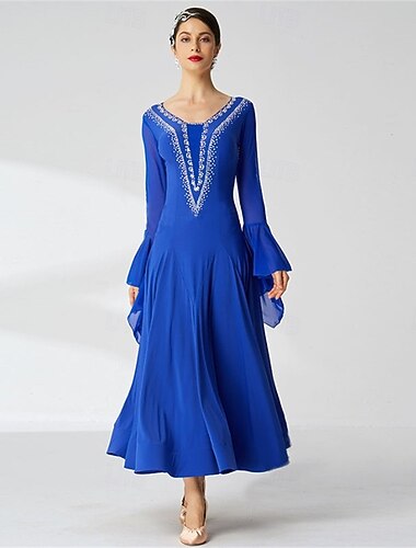  Damen-Ballsaal-Tanzkleid mit langen Ärmeln und Strasssteinen für Walzer, Tango, Wettbewerbe, Performance-Kleid mit ausgestellten Manschetten und elegantem, fließendem Rock – Königsblau