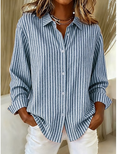 نسائي قميص بلوزة مخطط أنيق عتيق استوائي كم طويل قبعة القميص قمصان عادية عمل طباعة أزرق أخضر كاكي رمادي الربيع الخريف الشتاء   نسائي قميص بلوزة مخطط أنيق عتيق استوائي كم طويل قبعة القميص قمصان عادية عمل طباعة أزرق أخضر كاكي رمادي الربيع الخريف الشتاء