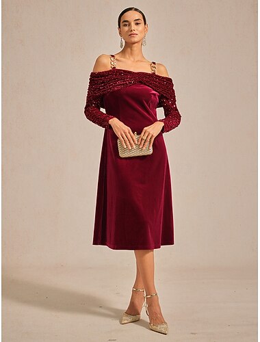 Weihnachten Damen Midikleid schulterfrei Kleid Samt Seequin Elegant Party Cocktailparty Normale Passform Einfarbig Langarm Schulterfrei Weinrot Frühling Herbst Winter   Weihnachten Damen Midikleid schulterfrei Kleid Samt Seequin Elegant Party Cocktailparty Normale Passform Einfarbig Langarm Schulterfrei Weinrot Frühling Herbst Winter