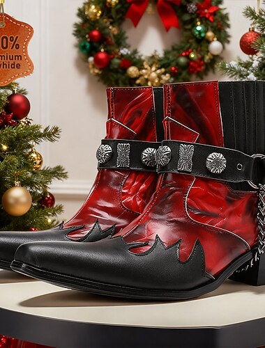 Herre ankelstøvletter i skinn i rødt og svart flammedesign med kjedestropp og metalldetaljer, westernstøvler i 100 % kuskinn for rockekonserter og fester   Herre ankelstøvletter i skinn i rødt og svart flammedesign med kjedestropp og metalldetaljer, westernstøvler i 100 % kuskinn for rockekonserter og fester