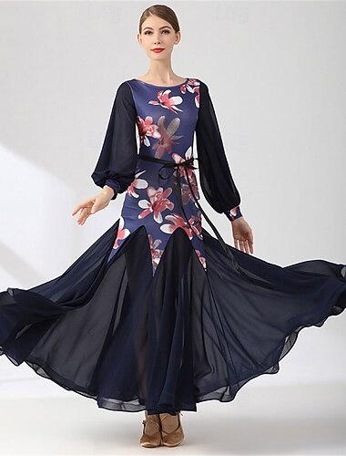  abito da ballo da sala con stampa floreale per donna - abito a trapezio con maniche lunghe, cintura e gonna in chiffon per gare, eventi di ballo latino e danza - blu navy & rosa
