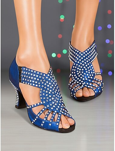  נעלי ריקוד לטיני מקצועיות כחולות עם אבני חן, עקבים נוצצים עם בוהן פתוחה, הופעה אלגנטית &נעלי ריקוד תחרותיות לסלסה וטנגו