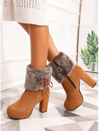  レディース キャメル スエード フェイクファー トリム プラットフォーム アンクルブーツ、タイディテール、チャンキーヒール - 暖かくてスタイリッシュな冬のファッションブーツ、普段使いにも休日の着用にも