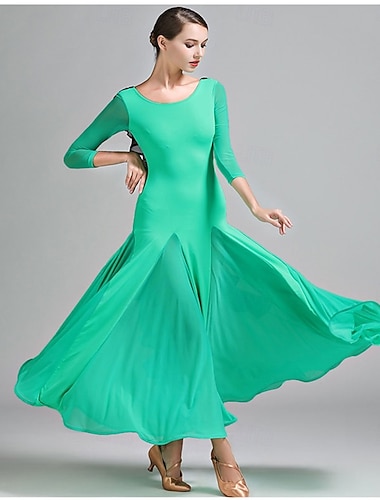  grünes Gesellschaftstanzkleid für Damen – langärmliges A-Linien-Kleid für Wettbewerbe, Latein- und Tanzveranstaltungen – fließender Rock