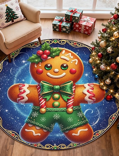  Lebkuchenmann Weihnachten runder Teppich für Wohnzimmer und Schlafzimmer Faux Kaschmir Fröhliche Weihnachten Teppich weicher rutschfester maschinenwaschbarer Teppich festlicher dekorativer Fußmatte 4