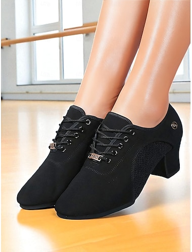  Schwarze professionelle Tanzschuhe zum Schnüren für Damen, atmungsaktive Mesh-Latin-Ballsaal-Übungsabsätze, bequemes Training &Performance-Schuhe für Damen