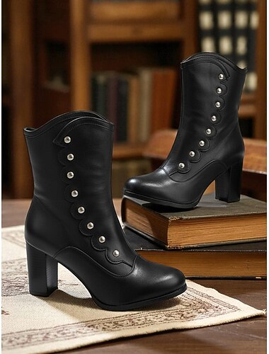  Women's Black and White Victorian Button Boots with Scalloped Trim and Block Heel - 1920s Edwardian Gothic Style Ankle Boots for Ladies, Ideal for Cosplay, Steampunk & Retro Outfits
