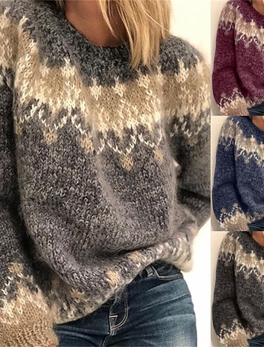  Жен. Вязаная ткань Пуловер Мода Уличный стиль На каждый день Цветочный принт Геометрический принт Контрастных цветов Вырез под горло Трикотаж С принтом Длинный рукав Обычные топы Вязать