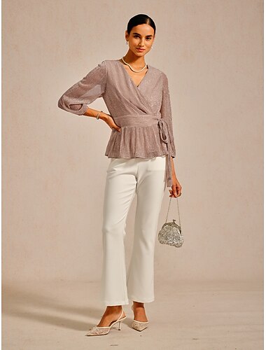  Dámské Halenka Elegantní Dlouhý rukáv Do V Běžné topy Svatební host Rande noční oblečení Koktejlové oblečení kravata vpředu Kov Světlá růžová Léto Jaro Podzim Zima