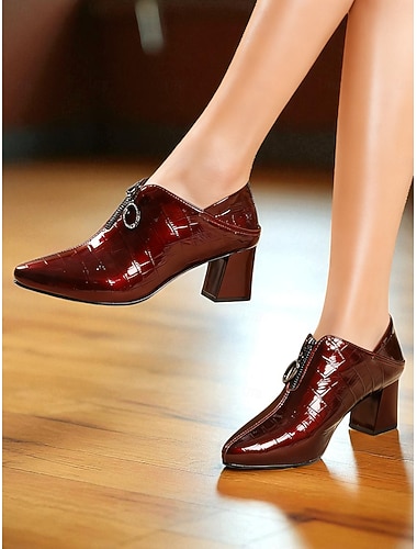  Damskie, oryginalne skórzane buty do tańca latynoamerykańskiego, bordowe, z wytłoczonym wzorem krokodyla, na klockowym obcasie, idealne do profesjonalnej salsy &występy imprezowe